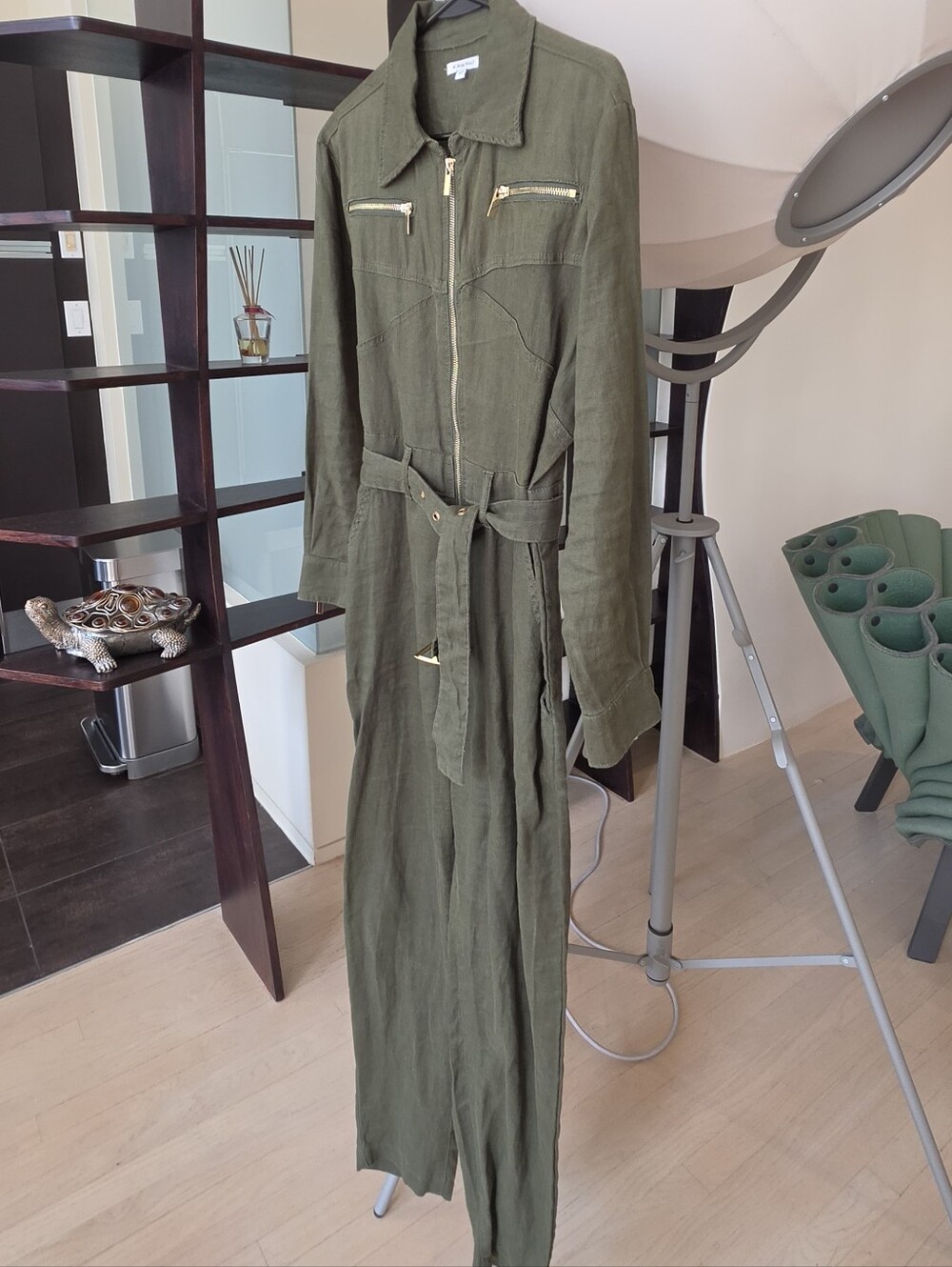WeWoreWhat Olive Green Linen Utility Jumpsuit with Gold Hardware Size S - Picture 9 of 11